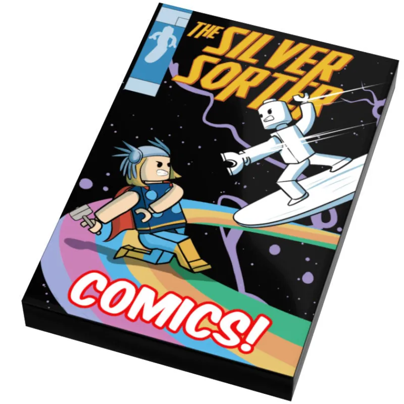 Custom Parts>The Brick Show Shop Silver Sorter Comic Book Cover (2x3 Tile) - B3 Customs made using LEGO