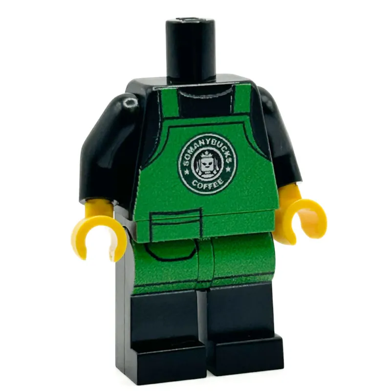 Custom Parts>The Brick Show Shop SoManyBucks Coffee Barista Employee Minifig Body made using LEGO parts