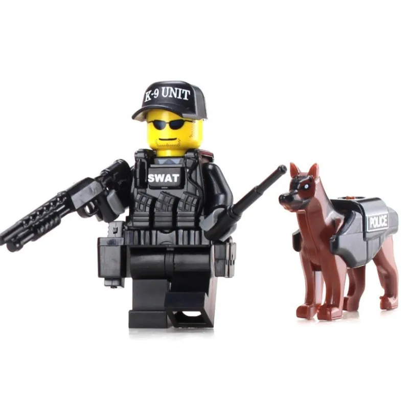 Custom Lego Military Minifigures>The Brick Show Shop SWAT Police Officer w/ K9 - Custom LEGO Military Minifig