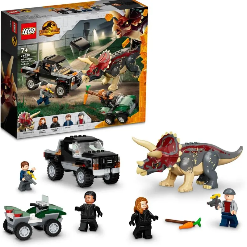 Retired Lego Sets | Lego Jurassic World Sets>The Brick Show Shop Triceratops Pickup Truck Ambush - LEGO Jurassic World Set (76950)